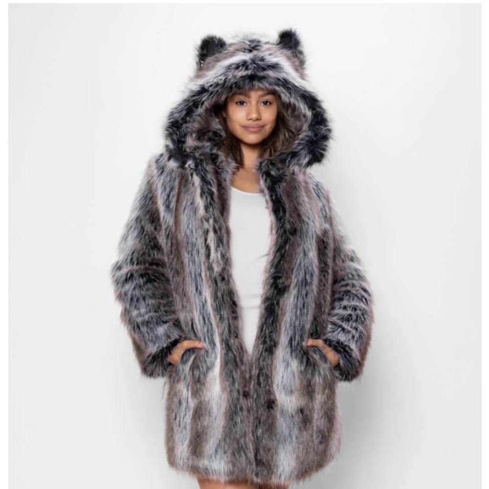 Like New Size L Spirit Hood Grey Wolf Faux Fur Hooded Coat with Ears